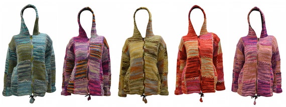 Handmade 100% Wool Jacket Chunky Patchwork Knit Unisex Boho Fleece Lined Warm Cardigan M L XL