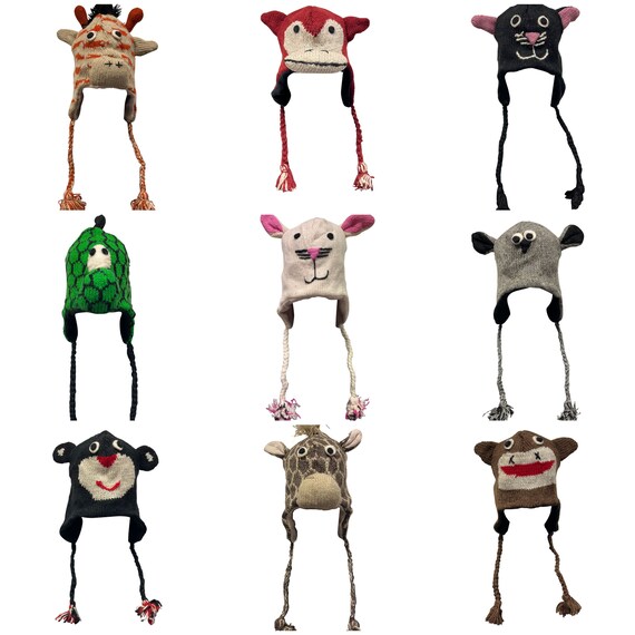 Handmade 100% wool Hats Knit Unisex Winter Tassel Animal Character Caps Warm Fleece Lining One size P185- P193