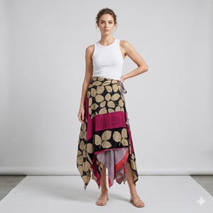 Reversible Sari Wrap Skirt: Vintage Patchwork Handkerchief Hem, Fits up to Size 18