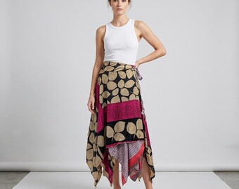 Reversible Sari Wrap Skirt: Vintage Patchwork Handkerchief Hem, Fits up to Size 18