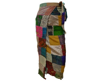 Boho  vintage style up-cycled reversible abstract patchwork maxi wrap skirt free size up to size 18 p274