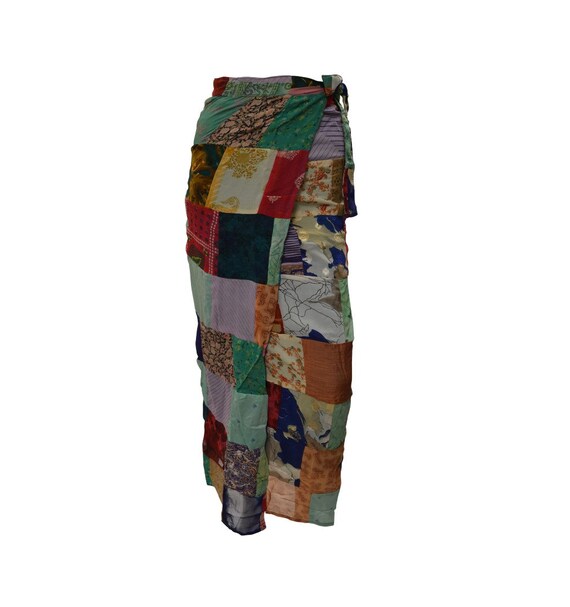 Boho hippie vintage style up-cycled reversible abstract patchwork maxi wrap skirt free size up to size 18 p277