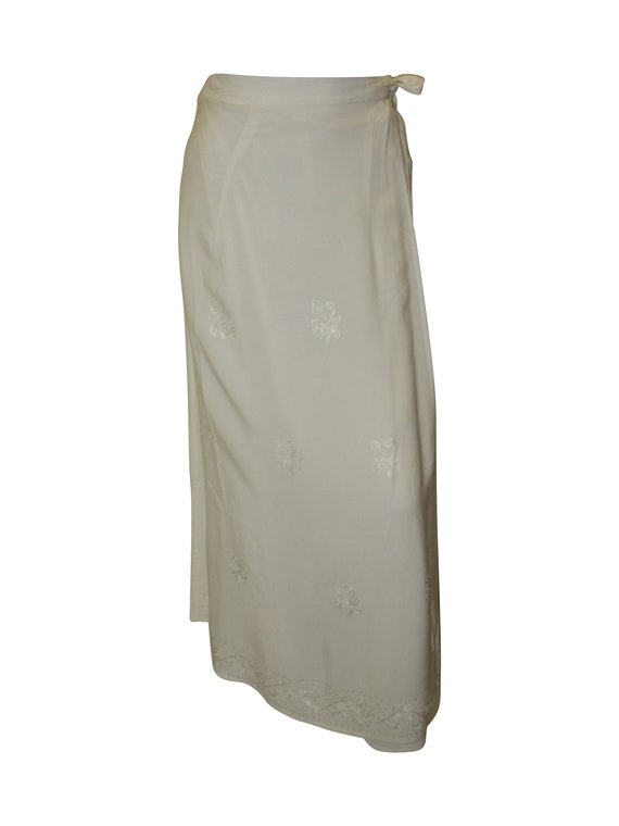 Retro Boho A-line Embroidered Wrap-around Maxi Skirt Free Size White