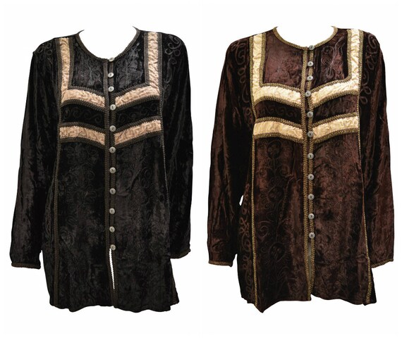 Womens Velvet Top Vintage Inspired Embroidered Button down Shirt Free Size Up To 18