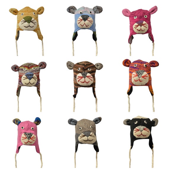 Handmade 100% wool Hats Knit Unisex Winter Tassel Animal Character Caps Warm Fleece Lining One size P58- P66