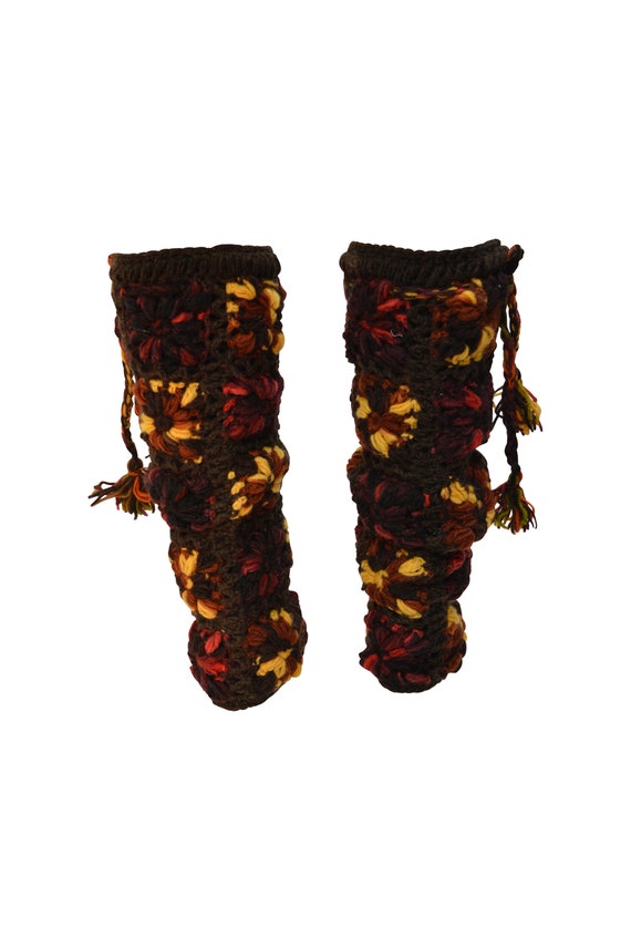 Winter Hand Knit Crochet 100% Wool Chunky Floral Tassel Leg Warmers Cosy Warm Fleece Lined Chocolate