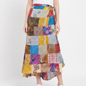 Falda larga cruzada de patchwork bohemia: sari reciclado, reversible, talla única