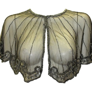 Vintage inspired Georgette Mesh Beaded Shawl Capelet Flapper Bolero Cover up  Black