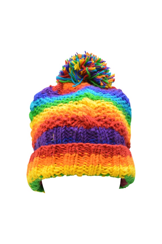 Handmade knit 100% Wool Crochet Beanie Pompom Hat Warm Winter Fleece lined Skull Cap Rainbow