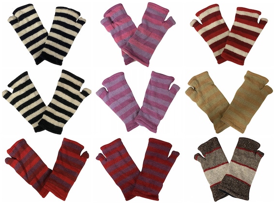 Handmade Knit Handwarmers 100% Wool Winter Striped Fingerless Fleece Lined Gloves One Size P40- P48