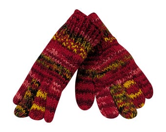May include: A pair of knitted gloves in shades of red, yellow, and black. The gloves are made of a thick, textured yarn and appear warm and cozy. The fingers are clearly defined, and the gloves are likely for cold weather.