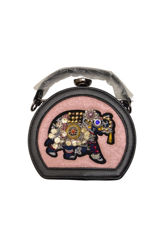 Statement Faux Leather Mini Elephant Embroidery Hippie Metallic detachable Straps Clutch Bag Pink