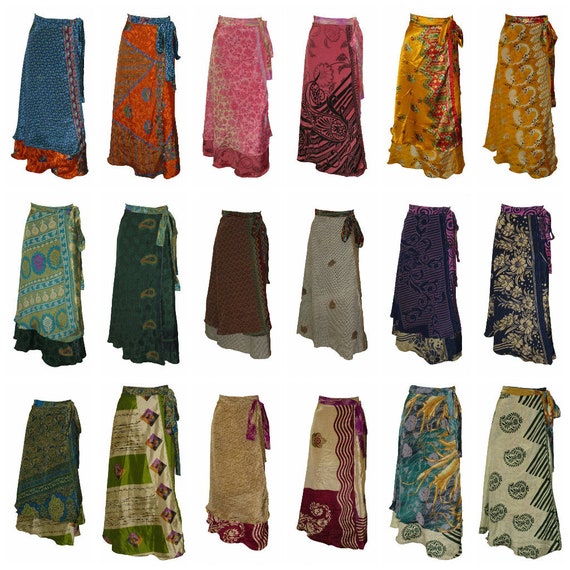 Upcycled Retro Reversible Skirt Vintage Sari A-line Layered Knot Boho Midi Free Size Up To 20 P68- P76