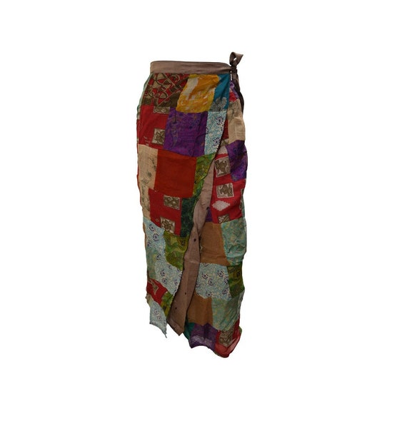 Boho hippie vintage style up-cycled reversible abstract patchwork maxi wrap skirt free size up to size 18 p266