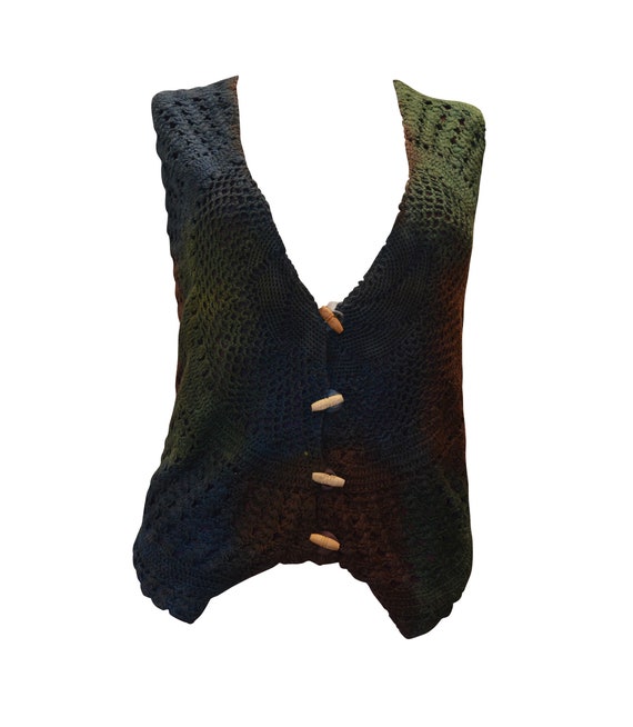 RECYCLED waistcoat boho hippie retro vintage style crochet wooden button up up to size 16