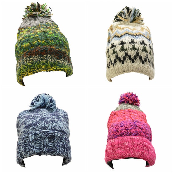 Handmade knit 100% Wool Beanie Pompom Hat Warm Winter Fleece lined Skull Cap
