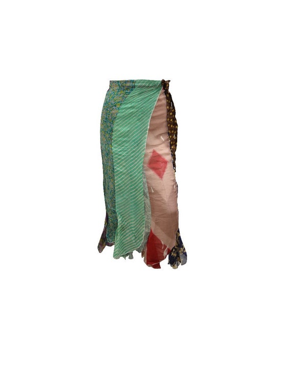 Boho Upcycled Skirt Vintage Style Hippie Patchwork Frilled Hem Wrap around Maxi Free size up to size 18 P200