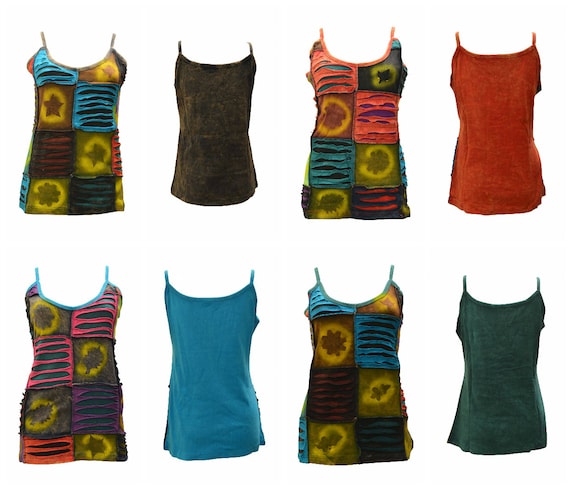 100% Cotton Recycled Tank Top Boho Strappy Upcycled Patchwork Hippie Vest Size M, L, XL