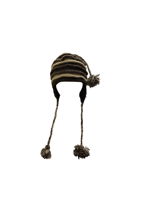 Handmade knit 100% wool unisex adults thick layered tassel warm fleece lined boho hippie winter hat p1