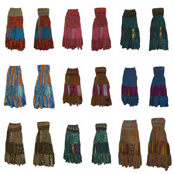 Recycled 2in1 Skirt and Dress Retro Shirred Festival Boho Tiered Flowy Maxi Free Size Up To 20 P28-36