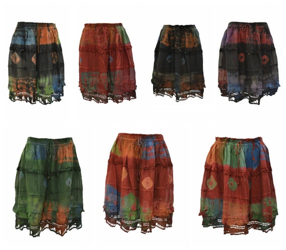 Womens Ladies Upcycled Boho hippie Tie- Dye Abstract Lace Trim Crochet Hem Short Skirt Free Size Up To 14