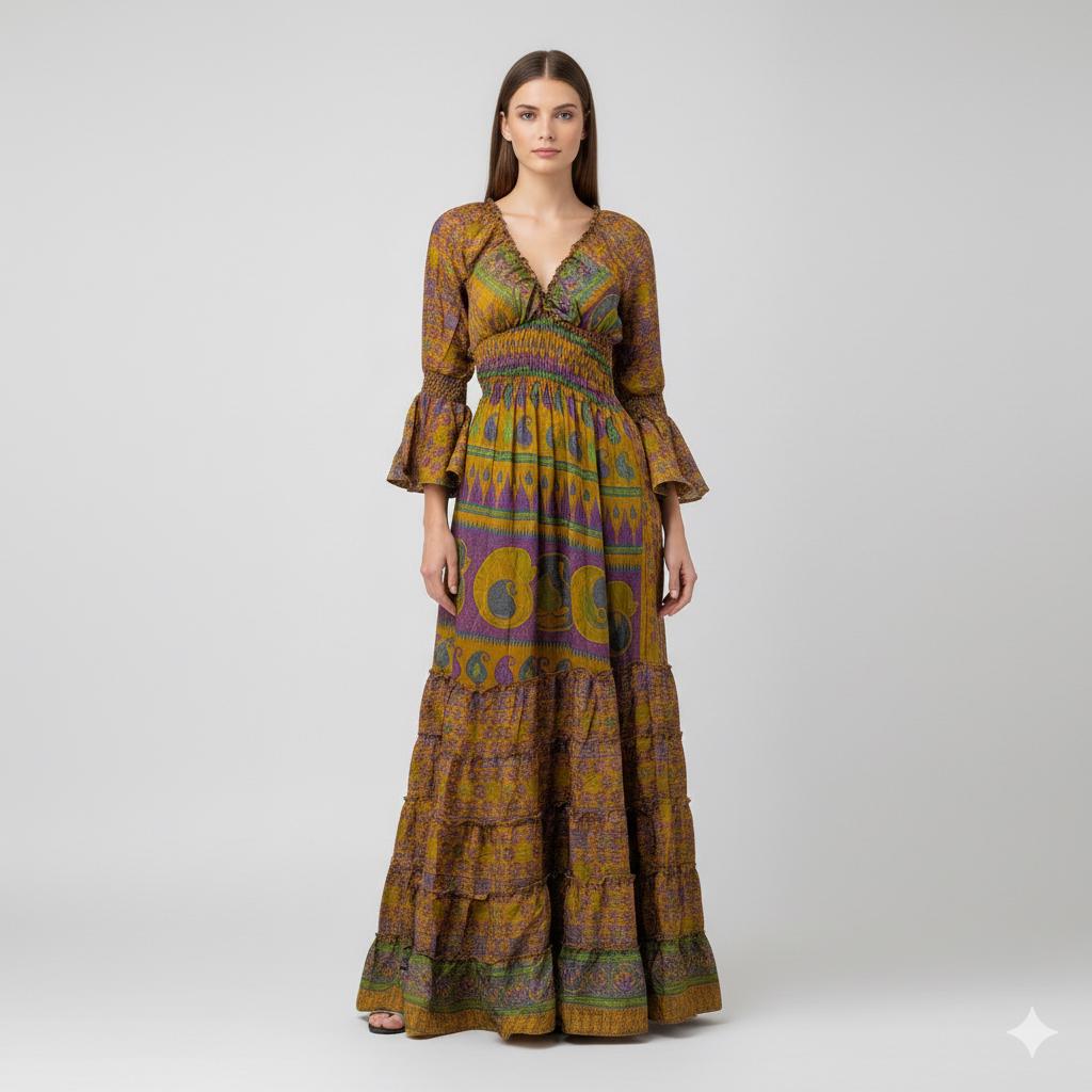 knee length dresses for ladies Silk Ruffle Layered Short Sleeve Maxi Dress (5 Colours) main image 0