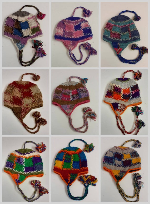 Handmade Knit Stitched Hat 100% Wool Unisex Adults Bobble Short Tassel Boho Hippie Warm Fleece Lined Winter P2- P10