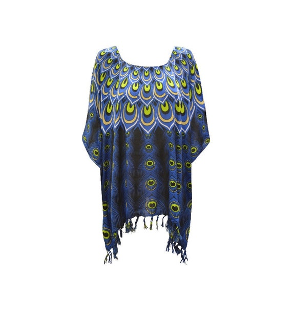Womens Ladies Plus Size Curve Boho Peacock Print Loungewear Asymmetrical Tassel Cover- Up Hippie Poncho Kaftan Blue Freesize Up To 36
