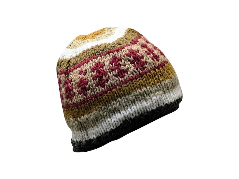 May include: A brown, white, and red striped knitted beanie hat with a geometric pattern.