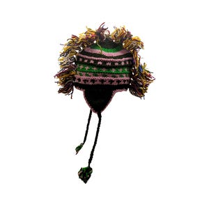 Hand Knit Wool Mohawk Hat: Fleece Lined Ear Flap Tassel Beanie