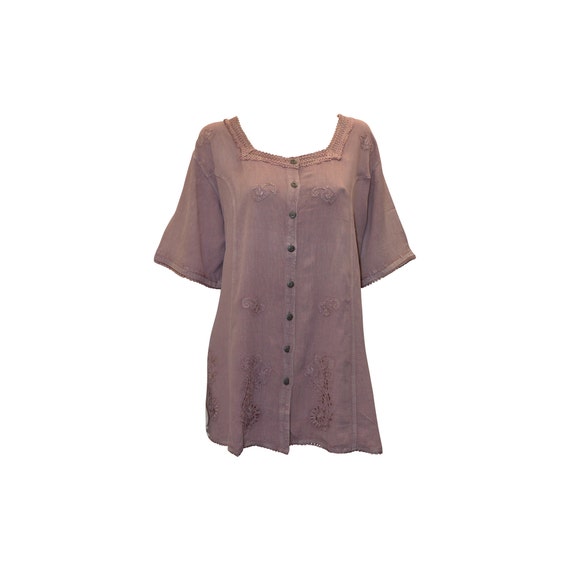 Plus size short sleeve embroidered paisley front buttoned top freesize up to 22 pink