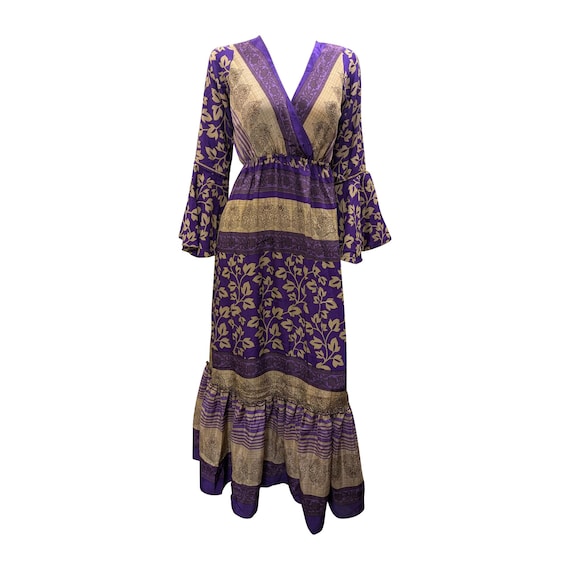 Recycled Sari Maxi Dress: Boho Silk Viscose Long Sleeve Smock