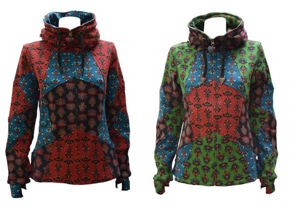 Womens Ladies Organic Cotton Sustainable Upcycled Lotus Patchwork Hooded Zip Jacket Size L