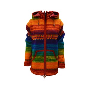 Handmade 100% Wool Chunky Knit Unisex Cardigan Jacket Boho Fleece Lining warm Hoodie Rainbow