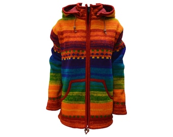 Handmade 100% Wool Chunky Knit Unisex Cardigan Jacket Boho Fleece Lining warm Hoodie Rainbow