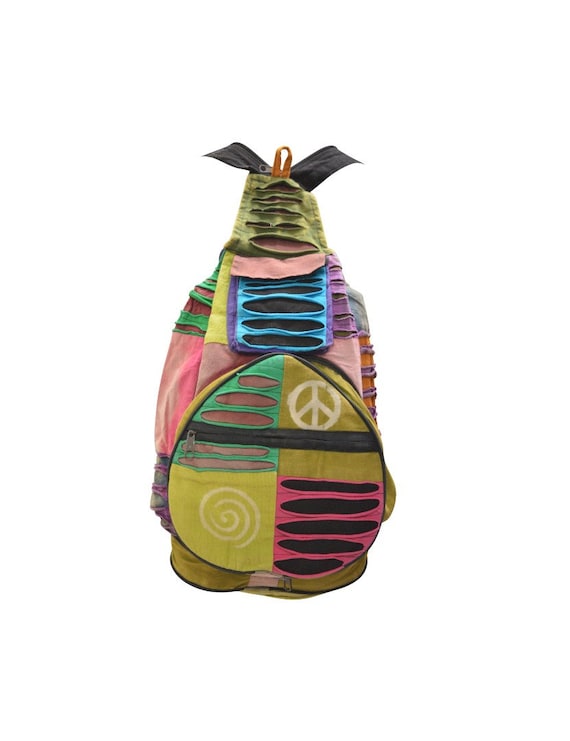 100% Cotton Recycled Hippie Patchwork Rucksack 2in1 Boho Pouch Peace Print Front Zip Pocket Shoulder bag P4
