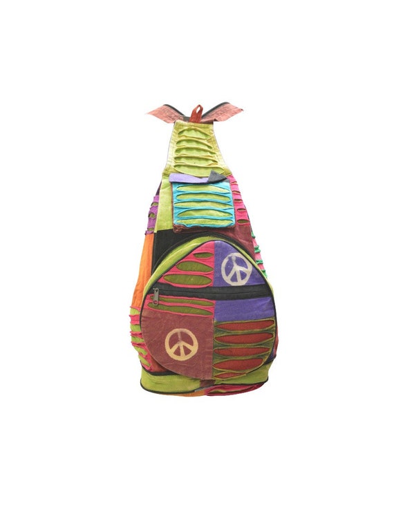 100% Cotton Recycled Hippie Patchwork Rucksack 2in1 Boho Pouch Peace Print Front Zip Pocket Shoulder bag P6