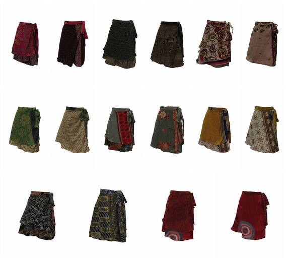 Upcycled Retro Reversible Skirt Boho Vintage Sari Layered Knot Miniskirt Free Size Up To 18 P37-P44