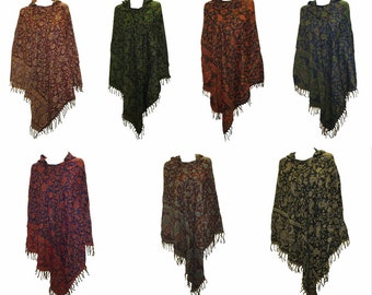 100% Cotton Poncho Recycled Unisex Damask Print Sustainable Ethnic Style Cape Free Size Up To 32