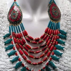 Handcrafted Recycled Wood Beaded Multi-Strand Fish Charm Necklace Red & Turquoise