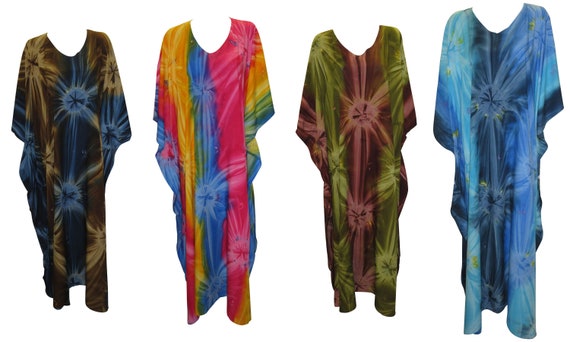 Womens Plus Size Kaftan Boho Hippie Abstract Tie-Dye Batwing Sleeves Loungewear Free Size Up To 38