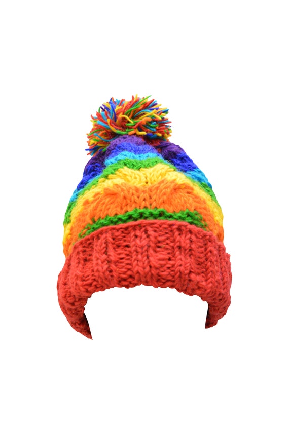 Handmade knit 100% Wool Chunky Crochet Beanie Pompom Hat Warm Winter Fleece lined Skull Cap Red Multi