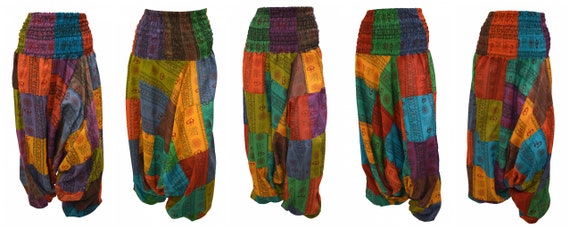 Upcycled Aum Harem Pants Cotton Patchwork boho loungewear Low crotch 2in1 Romper Free Size 8 To 18 P6-P10