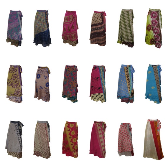 Upcycled Retro Reversible Skirt Vintage Sari A-line Layered Knot Boho Midi Free Size Up To 20 P10- P18