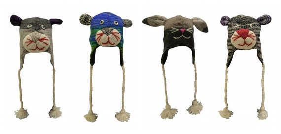 Handmade 100% wool Knit Unisex Winter Tassel Animal Character Hats Warm Fleece Lining One size