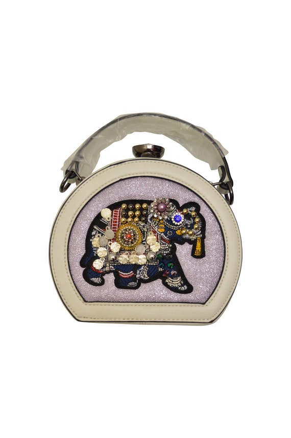 Statement Faux Leather Mini Elephant Embroidery Hippie Metallic detachable Straps Clutch Bag Purple