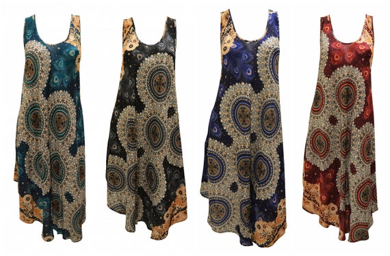 Womens Swing Dress Batik Print High- Low Umbrella Pocket Shift Free Size Up to 18