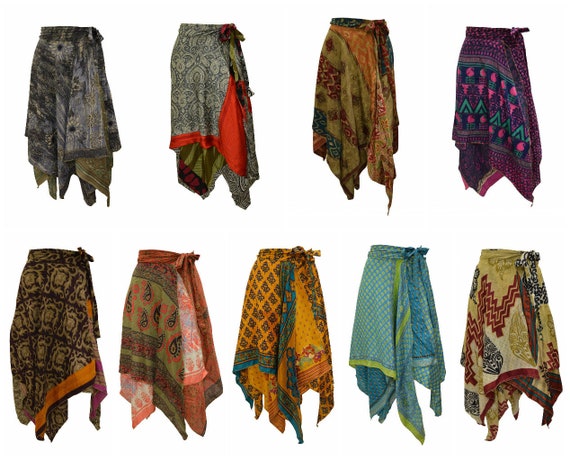 Upcycled Wrap- around Skirt Reversible Vintage Patchwork handkerchief Hem Boho Midi Free Size up to size 18 P287- P296