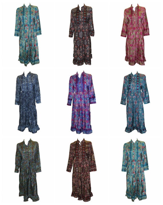 Recycled Button Up Collared Shirt Long Sleeve Retro Ruffle Maxi Dress Free Size Up To 18