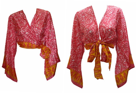 Recycled Retro Crop Top Bell Sleeves Boho Front Knot Wrap Blouse Free Size Up to 16 P31